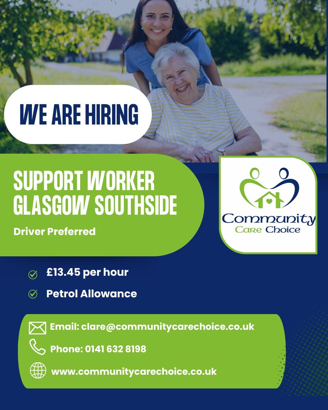 ✨ JOIN OUR CARING TEAM IN GLASGOW SOUTHSIDE ✨
Please note:
We do not provide sponsorship or recruit from overseas. Applicants must already have the right to work in the UK.
We are currently looking for a Support Worker to join our team supporting a client in the Glasgow Southside area.
Whether you already have experience or simply take pride in helping people live independently at home, we would love to hear from you.
✨ £13.45 per hour
⛽ Petrol allowance
🚗 Driver preferred
🏡 Local, flexible work in your community
❤️ Supportive, people-first team
Due to the nature of this role and the needs of the individual receiving support, applications are particularly welcomed from female candidates.
Phone 0141 632 8198 for an informal chat.
Email: clare@communitycarechoice.co.uk
Apply via this link:
#JobsInGlasgow #SupportWorkerJobs #GlasgowSouthside #CareJobs #S1Jobs
